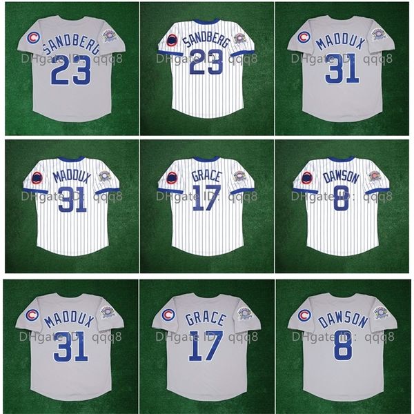 GlaVintage 1990 All Star Game Patch Maillots de Baseball Greg 31 Maddux 23 Ryne Sandberg 8 Andre Dawson 17 Mark Grace Gris Blanc Maillot Taille S M L