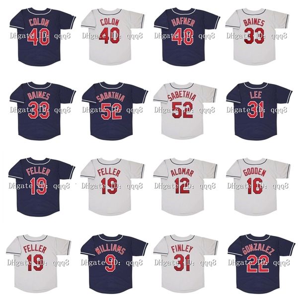 Maillot de baseball GlaVintage Bartolo Colon Trevor Hafner Harold Baines CC Sabathia Cliff Lee Bob Feller Roberto Alomar David Justice Matt