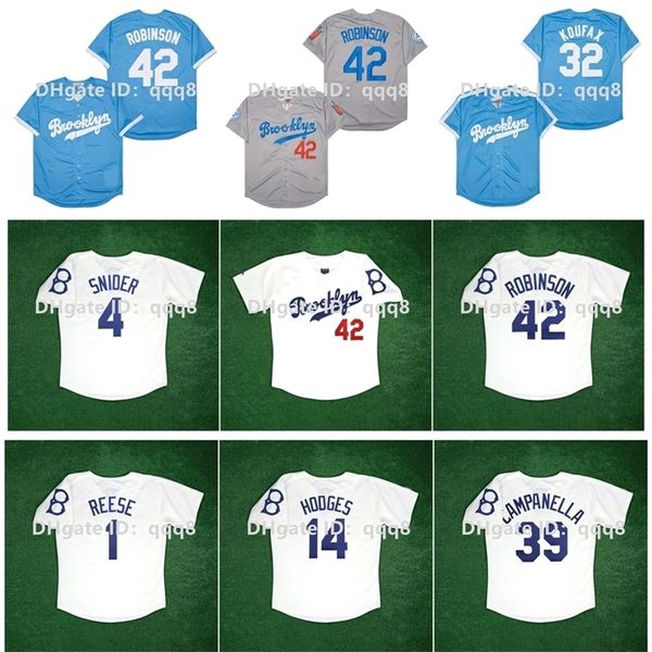 GlaVintage Brooklyn Baseball Jersey Jackie Robinson SANDY KOUFAX Duke Snider Pee Wee Reese Gil Hodges Roy Campanella Blanc Bleu Taille S-XXXXL