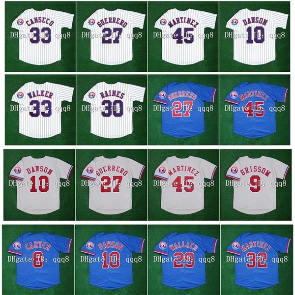 Maillot de baseball des Expos de Montréal GlaVintage 27 Vladimir Guerrero 30 Tim Raines 8 Gary Carter 45 Pedro Martinez 33 Jose Canseco 32 Dennis Martinez