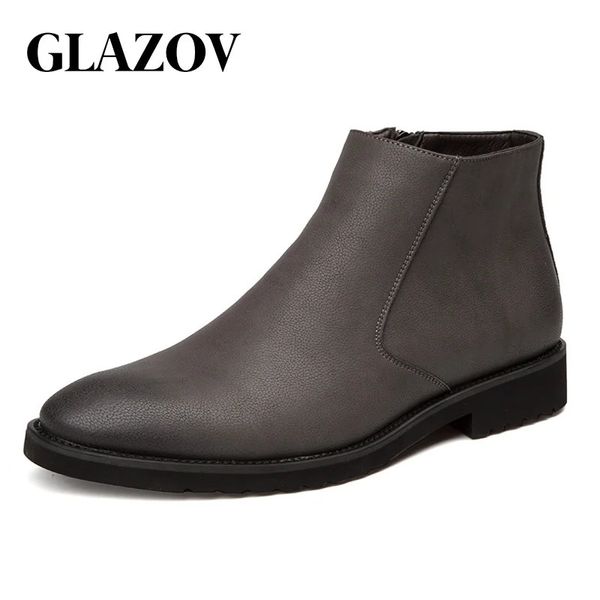 Glazov Spring Fashion Leather Men Boots Pruisible Zip Pointed Toe Business Dress Chaussures Brune Brown 231225