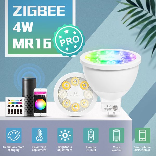 GLEDOPTO Smart ZigBee 3.0 4W RGBCCT MR16 projecteur Pro ampoule Angle de faisceau de 25 degrés fonctionne avec Alexa Echo Plus APP/voix/contrôle RF