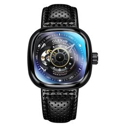 Glenaw Design Merk Mannen Hollow Automatisch Zwart Mechanisch Horloge GMT TOP RELOJ HOMBRE Horloges Waterdicht 210609