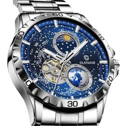 GLENAW Roterende Aarde Dubbele Tweedehands Horloge Mannen Automatische Mechanische Horloge Sterrenhemel Rvs Lederen Horlogeband 240115