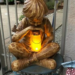 Statue de garçon et de dieu, décoration de jardin de pâques, ornement en résine avec lumière LED, énergie solaire, 210318220w