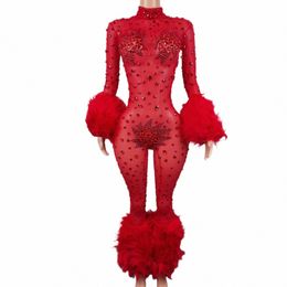 Glisten Crystal Rouge Combinaison Sexy Poilu Rhinestes Dr Femmes Outfit Discothèque Chanteur Costume Scène Danse DS Vêtements Guibin M0We #
