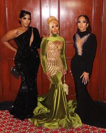 GLITEROLIVE GREEN VELVET MERMAID PROM MESSEN 2023 Beading Peading Sequin High Neck African Women Party Dress Vestido de Graduacion