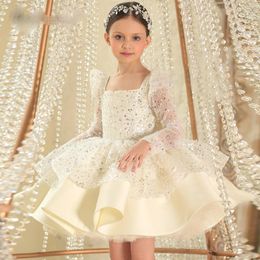 Glitter witte lovertjes bloemenmeisje jurken lange mouwen verjaardag bruiloft gast kleed de demoiselle prinses communie