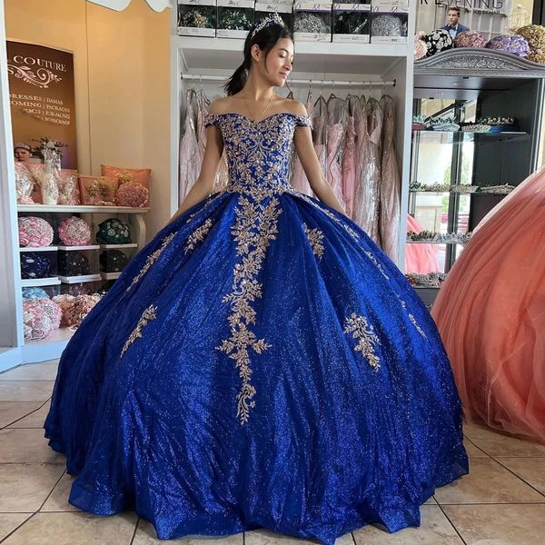 Glitter 2023 Plus Size Quinceanera Vestidos Azul Royal Sweet 15 Vestido Off the Shoulder Apliques Vestidos De 16 Anos Mexican Girls Wear