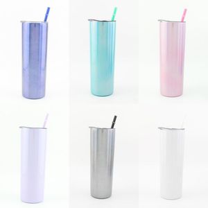 Gobelets maigres pailletés de 20 oz tasse droite à double paroi en acier inoxydable boissons tasse de sublimation vierge arc-en-ciel avec couvercle et paille colorée WWQ