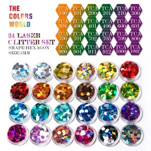 GLITTER 24 Colores holográficos láser Glitter de forma hexagonal para decoraciones de arte de brillo de uñas maquillaje Facepaint esmalte de uñas accesorios de bricolaje