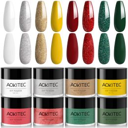 GLITTER AOKITEC 8pcs 10g Dippping de uñas Polvo Polvo Pastel Glitter Dip Powder Starter Decoraciones de arte de uñas Francés Navidad