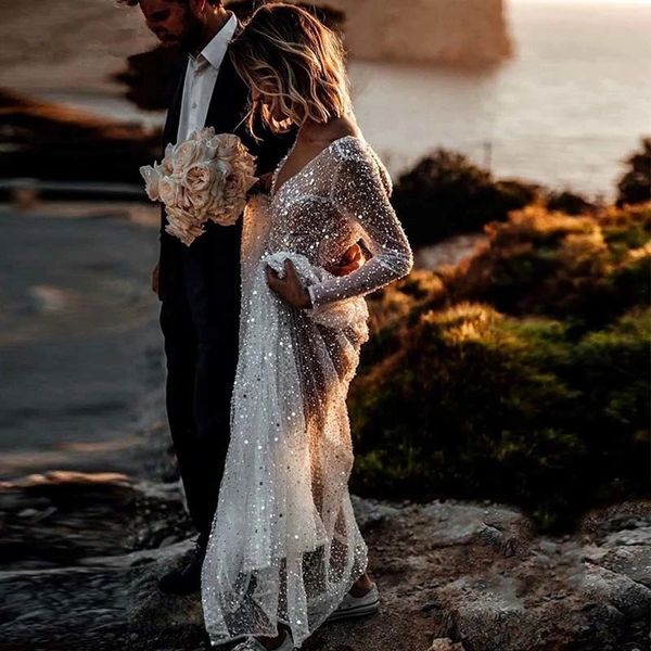 Vestidos de Novia con cuello en V de Arabia con purpurina, vestidos de Novia de playa con cuentas de manga larga, Vestido de Novia de tul hecho a medida