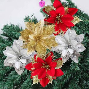 Glitter kunstmatige poinsettia bloem met bessen bruiloft nieuwjaar kerst kersen bloembloemdecoraties kerstboom ornament