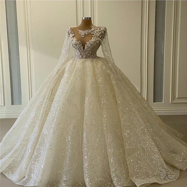 Glitter Ball Gown Abiti da sposa Maniche lunghe Sheer Neck Appliqued Paillettes Perline Abiti da sposa Luxury Dubai Custom Made Vestidos D2462