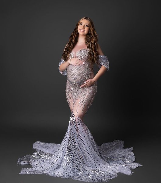 Vestidos de maternidad con cuentas brillantes para sesión de fotos, vestidos largos sexis de sirena con diamantes de cristal para embarazadas, vestido de sirena con plumas para mujer