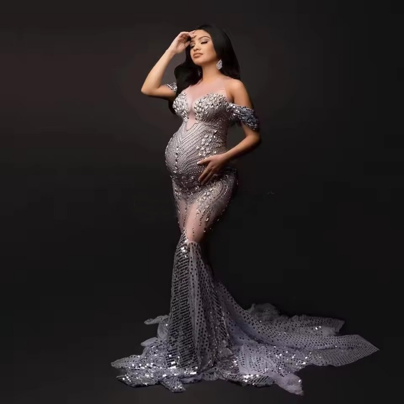 Glitter Beaded Maternity Gowns For Photo Shoot Sexy Crystal Diamond Mermaid Long Pregnant Dresses Women Feathers Mermaid Gown