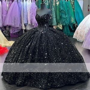 Glitter Black Ball Princess Quinceanera jurk pailletten applique kralen zoet 16 feestjurk vestidos de 15 anos