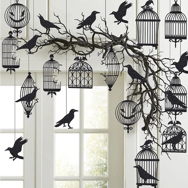 Paillette noire corbeau cage halloween décorations de fête pour arbre gothique suspendu la bannière de l'oiseau Raven Garland 231227