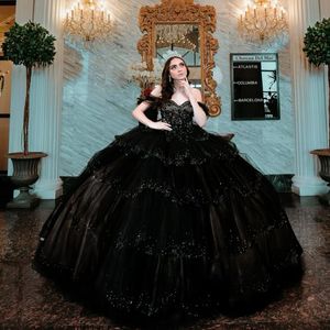 Robe Quinceanera noire à paillettes, épaules dénudées, perles en dentelle, tulle, paillettes découpées, pour 16 filles, robes formelles de bal, 15