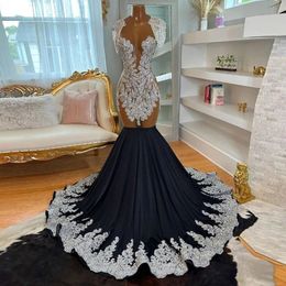 Glitter Black Satin Mermaid Robes de bal pour fille noire 2024 Luxury Sivler Crystal Sexy Backless Long soir Vestido Boda Invitada