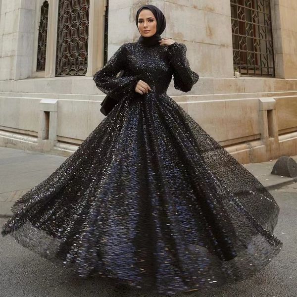 Vestidos de noche musulmanes con lentejuelas negras con purpurina para mujer Hijab hasta el suelo Vestido de fiesta con cuello alto Mangas largas Vestidos para ocasiones especiales árabes islámicos 2024