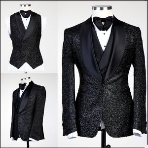 Paillettes noires paillettes hommes costumes marié porter mariage Blazer Tuxedos formel affaires bal pantalon manteau veste 3 pièces