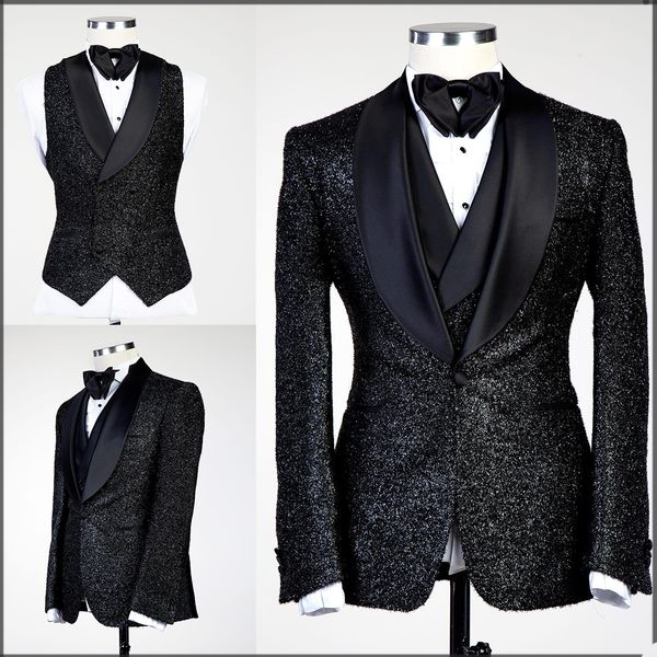 Trajes de hombre de lentejuelas negras brillantes, ropa de novio, chaqueta de boda, esmoquin, pantalones de graduación de negocios formales, abrigo, chaqueta, 3 piezas