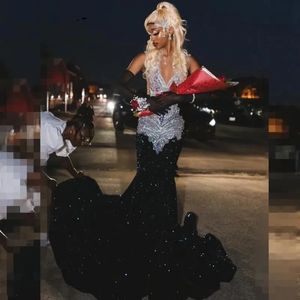 Robe de bal à paillettes noires pour les filles noires avec des schémas de perles argentés plus la taille de la sirène vestide de fête de festa