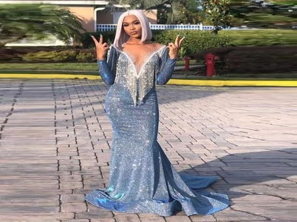 Glitter Blue Luxury Mermaid Robes de bal à manches longues Deep V Couc Crystals Crystals brillant plus taille African Girls Party Gown3090338