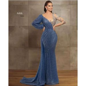 Glitter Blue Mermaid Prom Dresses 2022 Sheer Jewel Neck Beaded Paiden Lange Mouw Evening Jurk Sweep Train Custom Made Illusion Robes de 2024