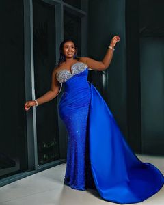 Glitter blauw pailletten prom -jurken aso ebi plus pure halmeerden zeemeermin avondjurken Afrikaanse formele feestjurk afneembare trein