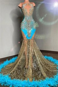 Vestidos de fiesta de trompeta azul brillante, cristal de diamante brillante para niña negra, vestidos de noche para fiesta de cumpleaños con plumas, 2024