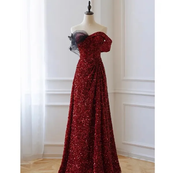 Paillettes bordeaux robes de demoiselle d'honneur paillettes papillon appliques une ligne femmes hors épaule sans manches côté fendu robe de soirée