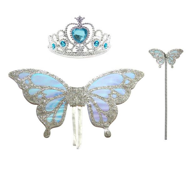 Glitter Butterfly Fairy Wing Wand Crown Set para niñas Party Favors Fancy Dress Props Regalo de cumpleaños Christmas Bag Filler Blue