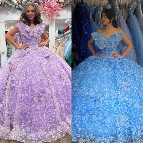 Glitter Butterfly Quinceanera Dress 2024 Pattern Sequin Charro Mexican Quince Sweet 15/16 Vestido de fiesta de cumpleaños para 15th Girl vestido de 15 anos Corset Orchid Blue