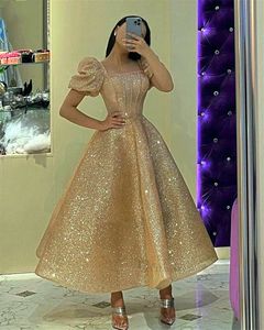 Glitter Champage Vestidos de fiesta con lentejuelas doradas Manga corta abullonada Cuello cuadrado Hasta el tobillo Una línea Vestidos de noche formales Fiesta de cumpleaños brillante Vestido para ocasiones especiales