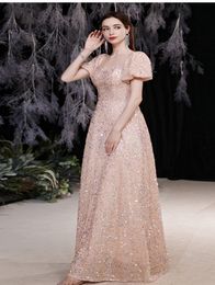 Glitter champagne pailletten avondjurk lieverd een lijn korte puff mouw 2023 nieuwe formele feest optocht prom beroemde jurken