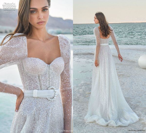 Glitter Pas Cher Une Ligne Robes De Mariée Chérie Manches Longues Paillettes Tulle Volants Robe De Mariée Balayage Train Robes De Mariée Sur Mesure