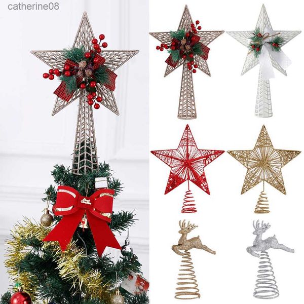 Glitter Christmas Tree Topper Étoile à cinq branches Ornements Xmas Tree Pine Cone Pentagram Topper Decor Navidad Nouvel An 2023 Natal L230621