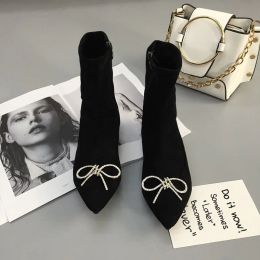 Talons plats à nœuds à nœud à nœud plateau bottines femme femmes slim chaussettes noires botas pointus côté zipper la cheville courte botines femme