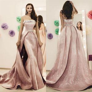 Glitter Crystal Pailletten Avondjurken met afneembare trein Prom Dress Sash Geapplique Strapless Mouwloze Custom Made Party Toga