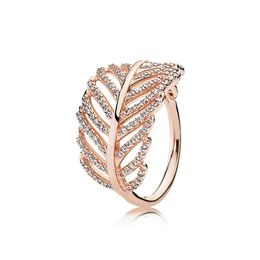 Glitter Feather CZ Diamond Ring Diseñador de lujo 925 Sterling Silver Rose Gold Plated Box Set para Pandora Women's Elegant Ring284A