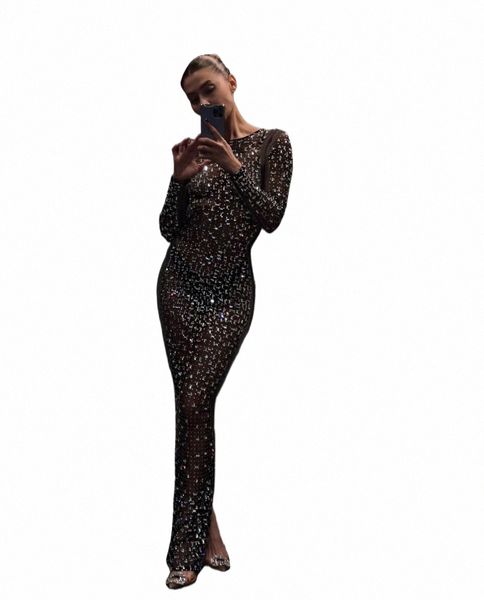 Glitter Femme Cover Up Maxi Dr Mesh See-Through Fi Lg manches Slim Sexy Femmes élégantes Bodyc Dr Night Clubwear Out E9Fh #