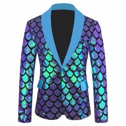 Glitter Fish Scale Sequin Blazer Manteau Élégant Hommes Col Châle Slim One Butt Costume Veste pour Banquet Hôte Soirée Tuxedo 06qh #