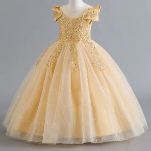 Glitter bloemenmeisjesjurk met pailletten kralen O Neck feestjurk Champagne elegant kindergala 240309