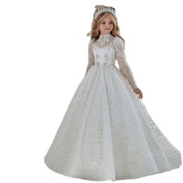 Brillo Vestidos de niña de flores Blusa de encaje floral de manga larga con cristales Bautismo para niños Vestido de comunión Botón Atrás Una línea Ropa formal para niños