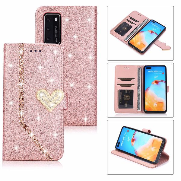 Paillettes Folio Flip Amour Coeur Bling Portefeuille En Cuir étui pour samsung Galaxy A51 A71 A11 A21 A41 A70e P40 P40lite p40pro