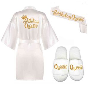 Glitter gouden verjaardag koningin met kroon verjaardag meisje satijnen slipper partij kimono cadeau voor haar prinses spa-gewaden