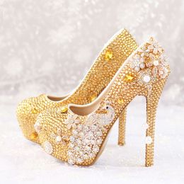 Zapatos de boda con diamantes de imitación dorados brillantes, zapatos de tacón alto de 5 pulgadas para fiesta, tacones de diamantes ostentosos para baile de graduación, zapatos con función de celebridad